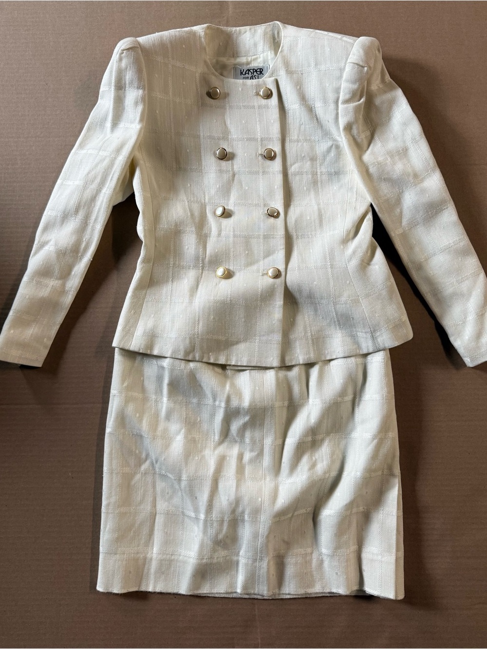Kasper Women's Cream Double-Breasted Skirt Suit Rayon Linen Size 8